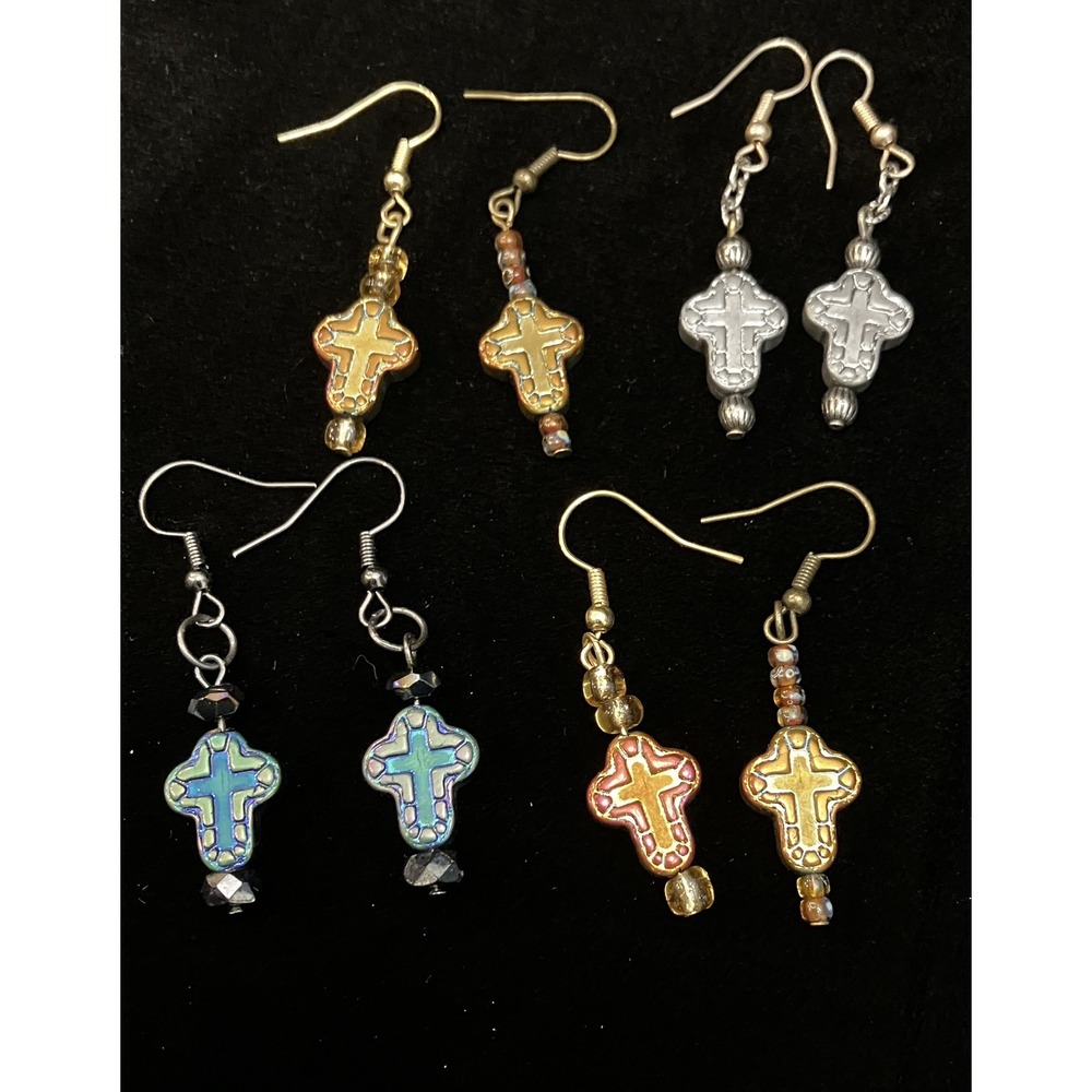 Christian Cross Earrings Religious Jewelry Blue Yellow Silver Gold 4 Pair